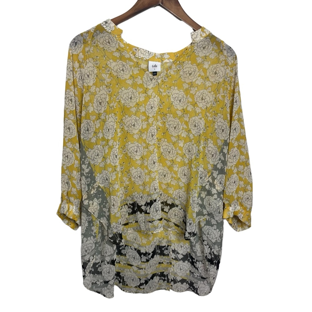 CAbi Yellow and Black Floral Top